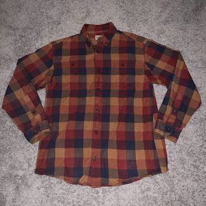 Duluth Shirt Men's Medium Orange Red Brown Plaid Cotton Flannel Chore Outdoor